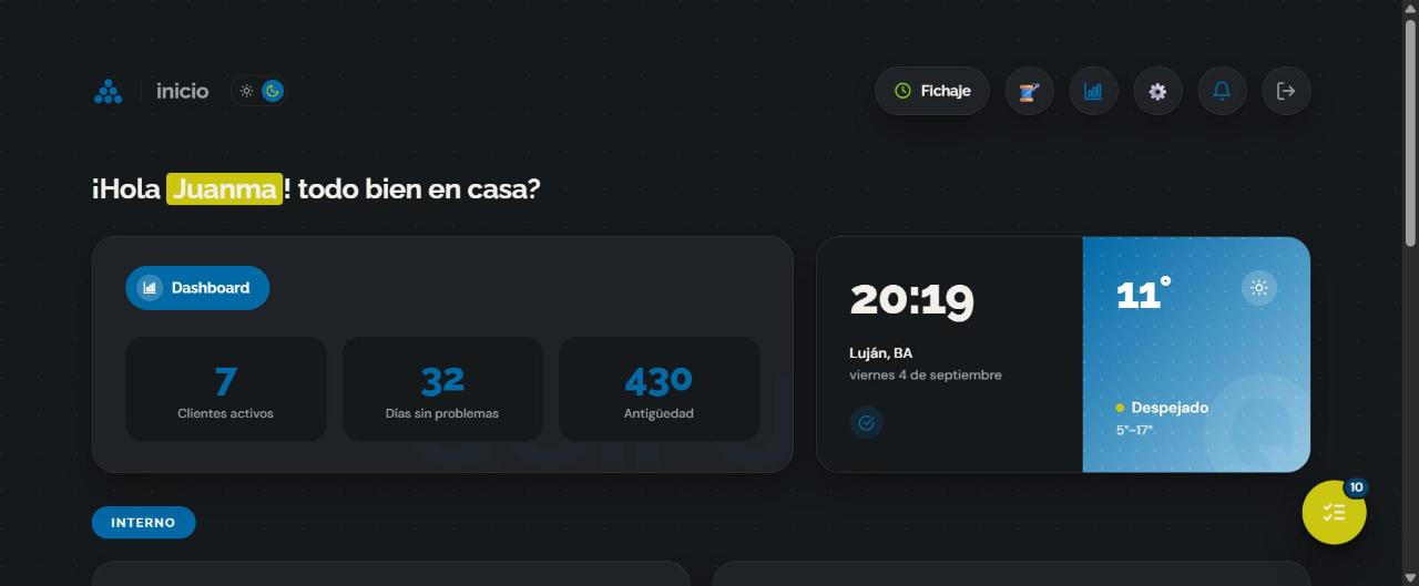 Inicio de Nodo con fichaje, dashboard y clima